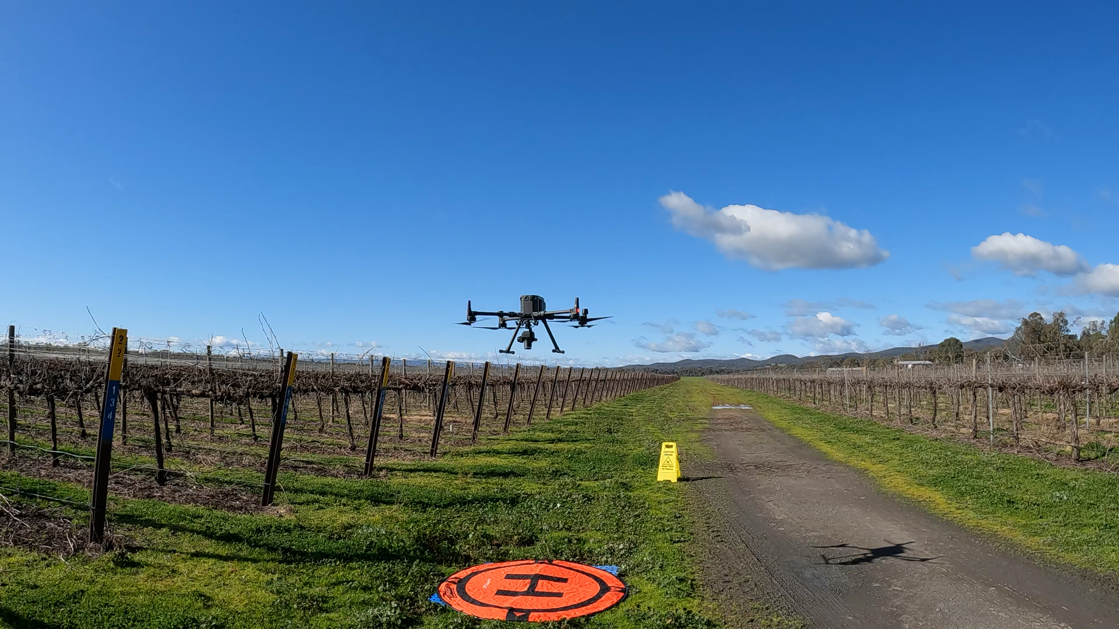 Drone in flight at vineyard mapping.